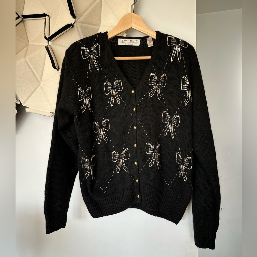 Vintage Karen Scott evening gold ribbon holiday cardigan large embellished beads